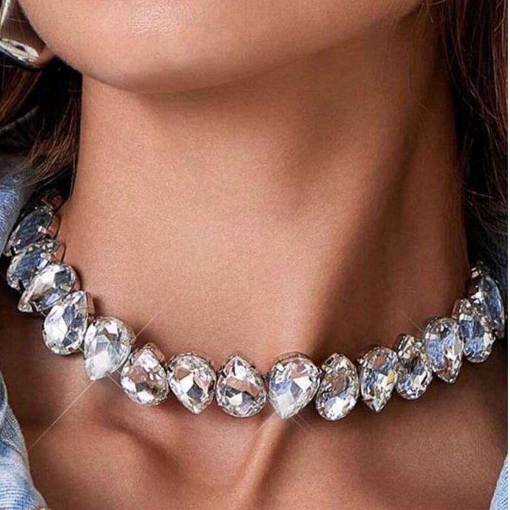 Silver Crystal Teardrop Statement Choker Necklace Chunky Glam Jewelry